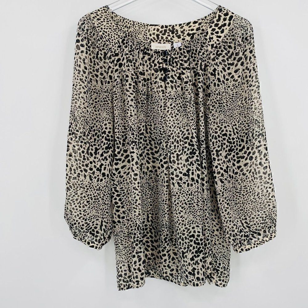 Chico's Size 1 Medium Cream & Black Animal Print 3/4 Sleeve Sheer Blouse Top
